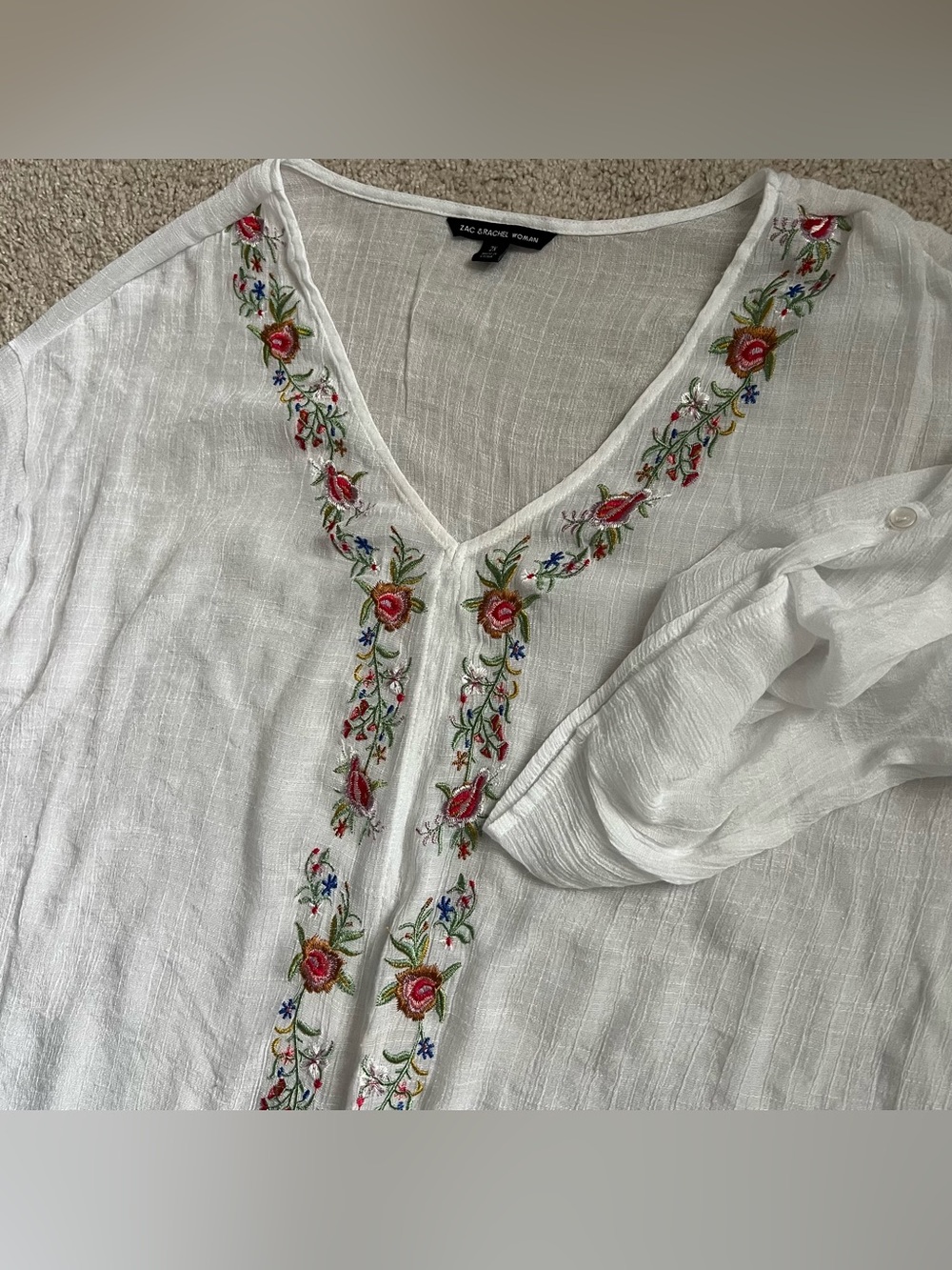 Zac & Rachel White V-Neck Sheer 2X Boho Tunic Floral Embroidery